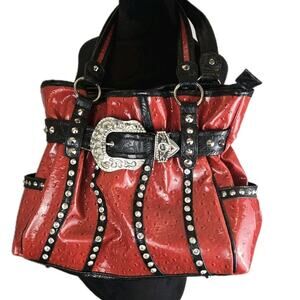 Western Cowgirl Faux Leather Rhinstone Big Buckle Red Textured Shoulder Bag GLAM